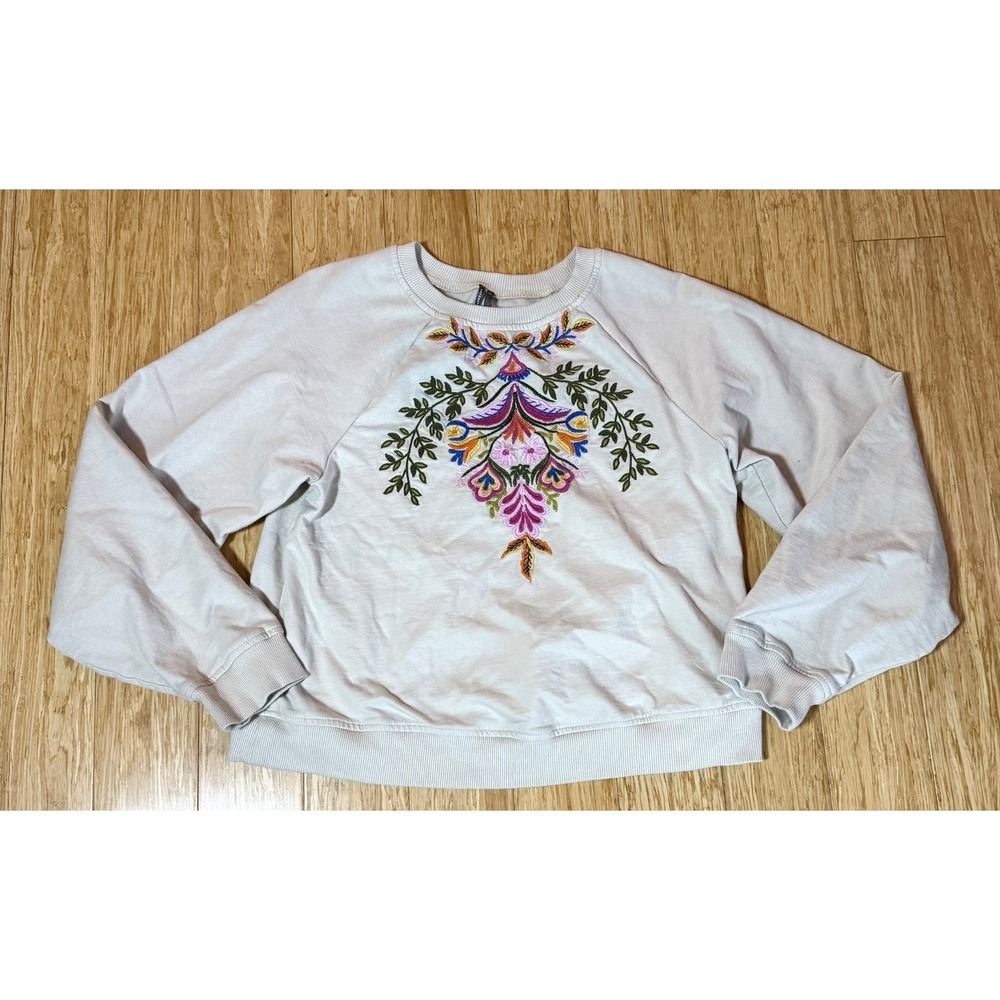 Anthropologie Embroidered Short Sleeve Sweatshirt Tan Crew Neck Women's Size S - Picture 5 of 8